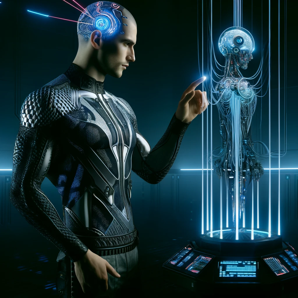 A human interacting with a machine through a brain computer interface.